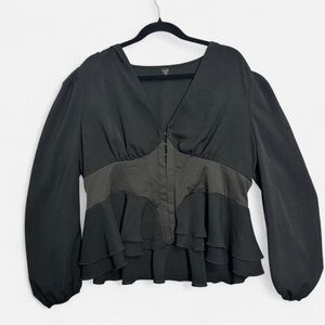 Shein 1XL Black V-Neck Peplum Blouse Corset Waist Whimsigoth Y2K Coquette Grunge